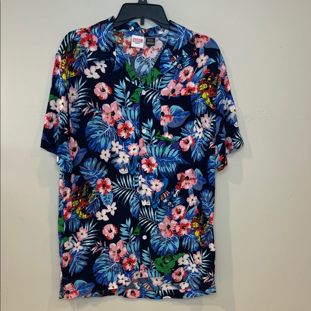 Marvel Tropical Floral Button Down Shirt - Navy and Pinkz-M